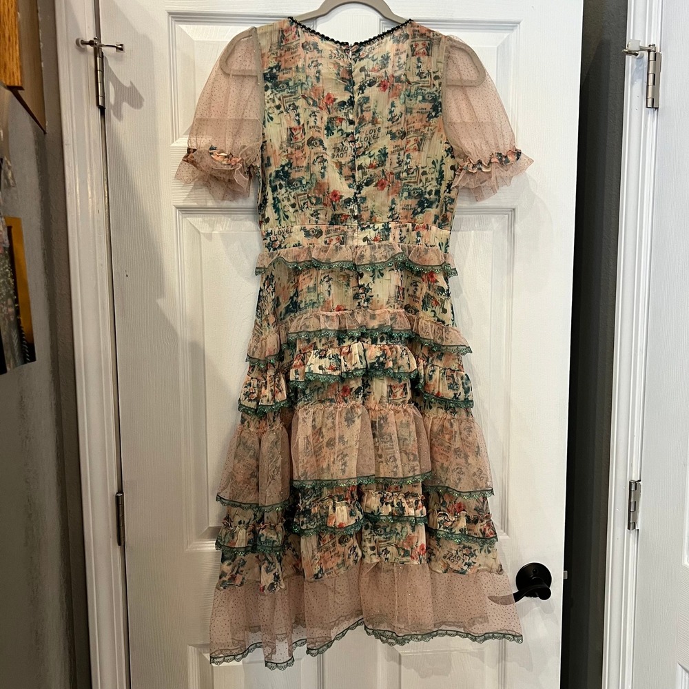 KAIMILAN Tiered Midi Dress Cotton Mesh Floral Beaded Cottagecore Fairycore 2 - Picture 2 of 11